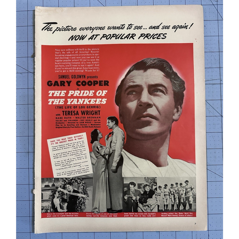 1943 Pride of the Yankees Movie Print Ad Gary Cooper